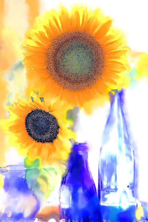 Sunflowers and Blue Glass Photograph by Margaret Hood