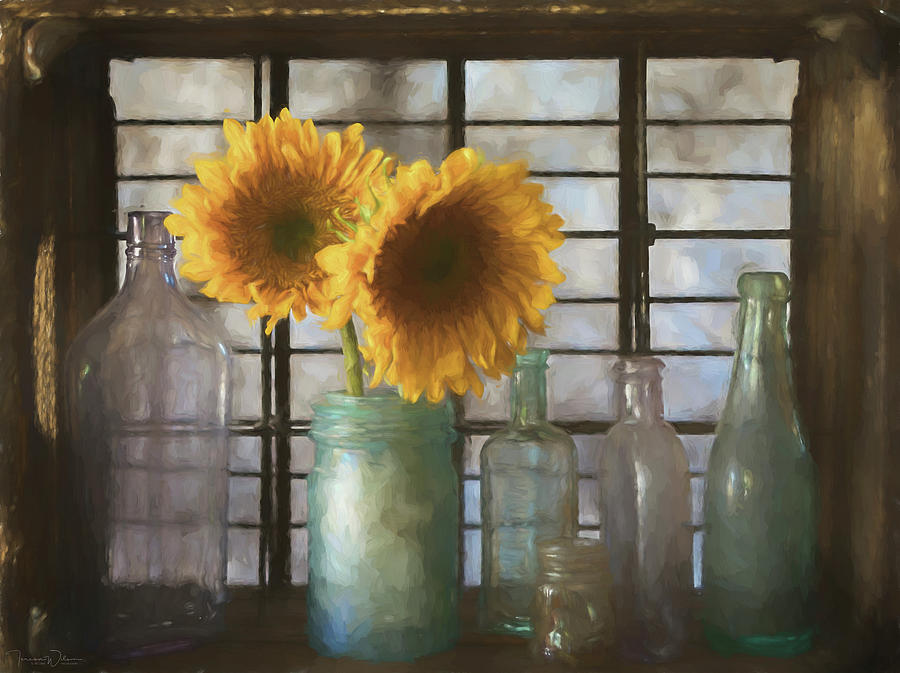 Sunflowers and Bottles Mixed Media by Teresa Wilson