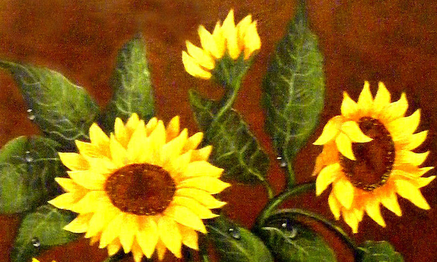 Sunflowers and Dewdrops Painting by Barbara A Griffin