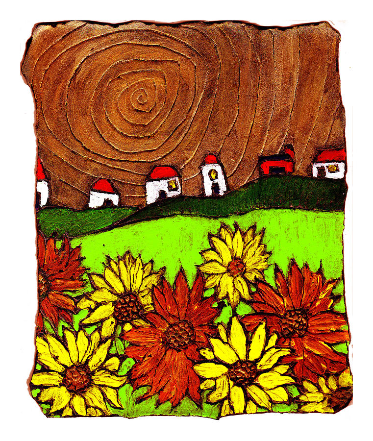Sunflowers and fields Painting by Wayne Potrafka
