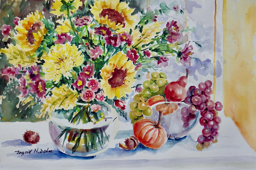 Sunflowers and Fruit Painting by Ingrid Dohm