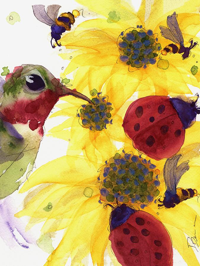 Sunflowers and Ladybugs Painting by Dawn Derman