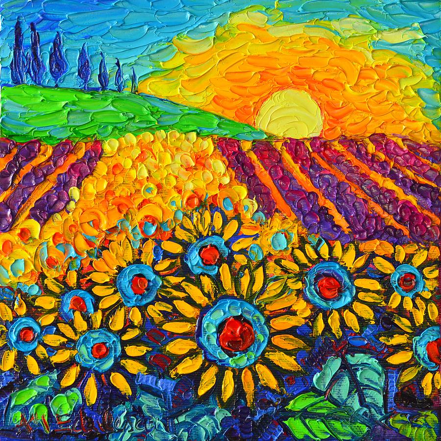Sunflowers And Lavender At Sunrise Palette Knife Oil Painting By Ana Maria Edulescu Painting by Ana Maria Edulescu