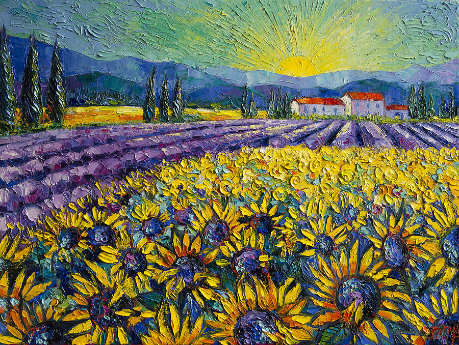 SUNFLOWERS AND LAVENDER FIELD - THE COLORS OF PROVENCE Modern Impressionist Palette Knife Painting Painting by Mona Edulesco