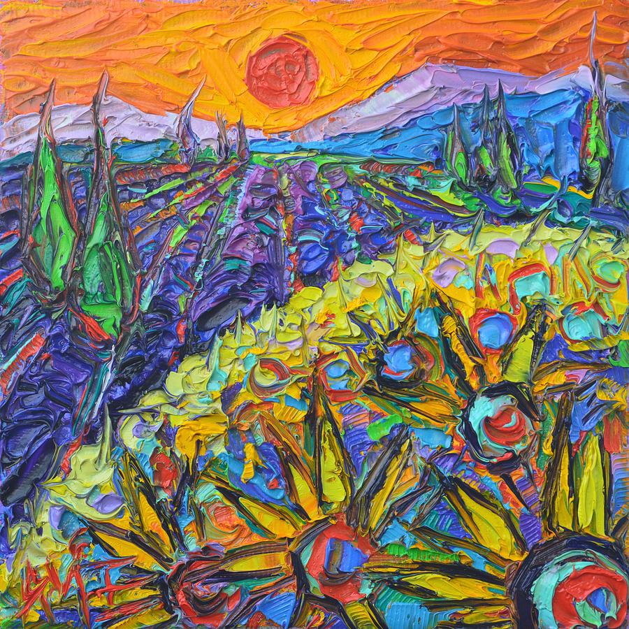 SUNFLOWERS AND LAVENDER FIELDS AT SUNSET 9 impressionist knife oil painting by Ana Maria Edulescu Painting by Ana Maria Edulescu