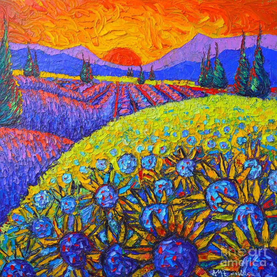 Sunflowers And Lavender Fields With Cypress Trees