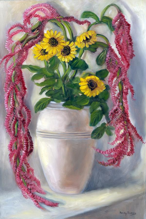 Sunflowers and Love Lies Bleeding Painting by Rand Burns