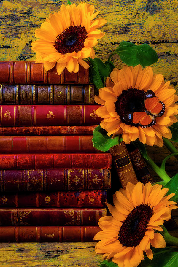 Sunflowers And Old Antique Books Photograph by Garry Gay