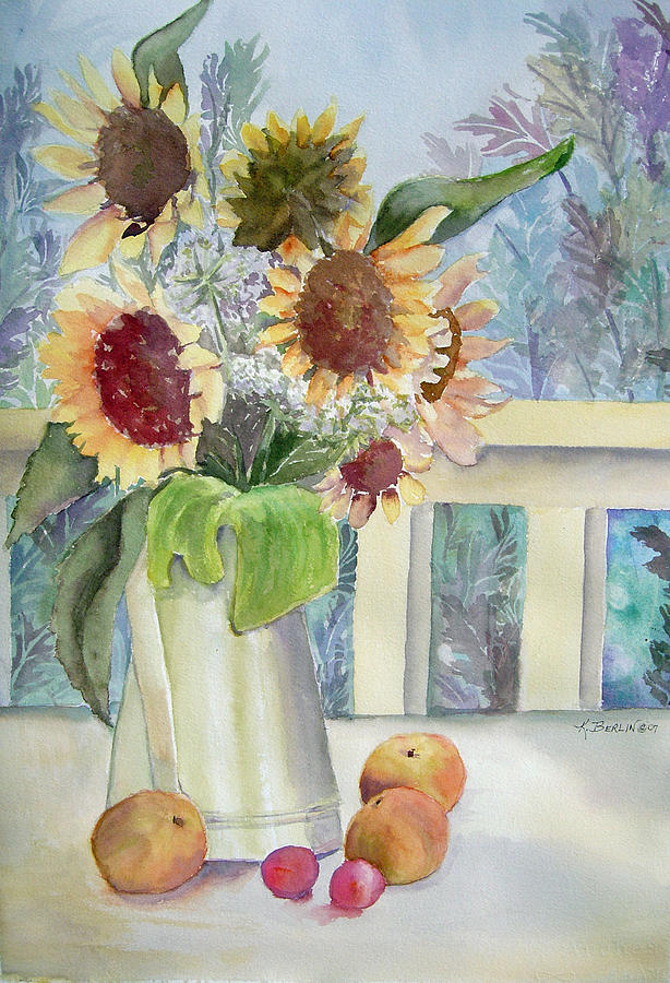 Sunflower Painting - Sunflowers and Peaches by Katherine  Berlin