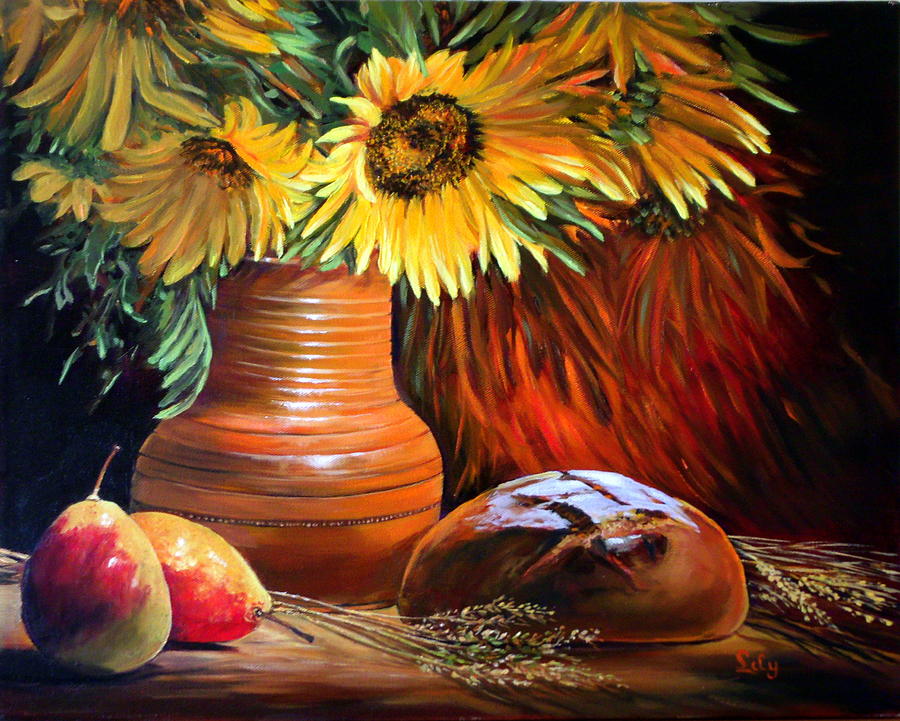 Bread Painting - SunFlowers and Pears by Lily Adamczyk
