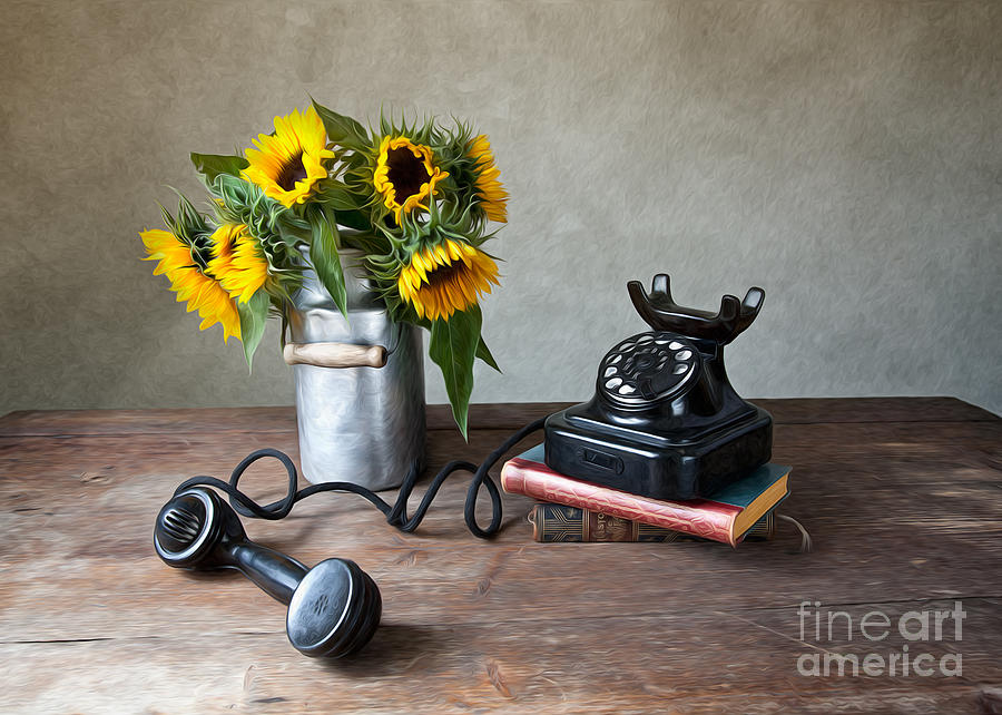 Sunflower Photograph - Sunflowers and Phone by Nailia Schwarz