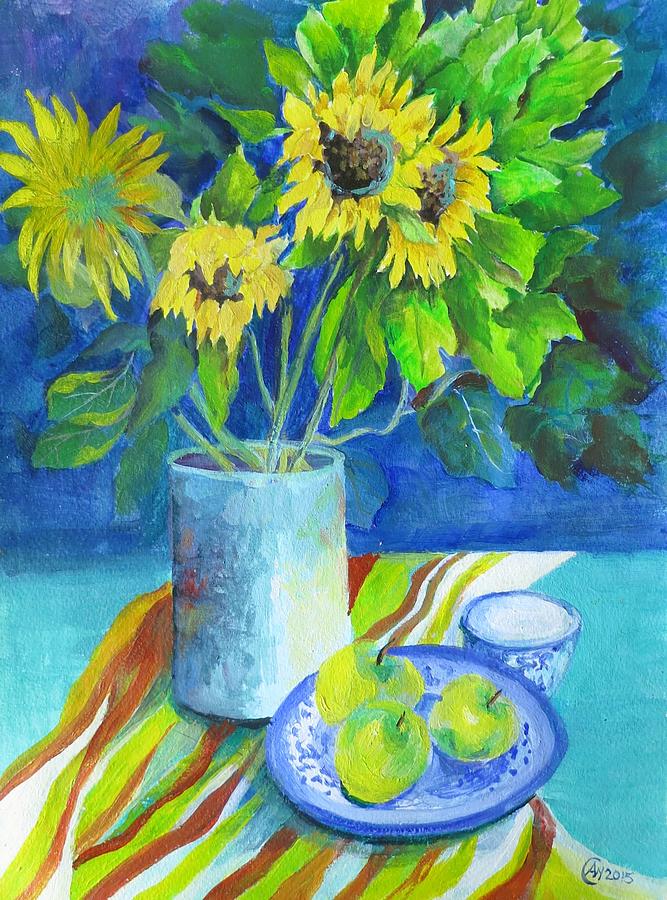 Sunflowers and Plums Painting by Angelina Whittaker Cook