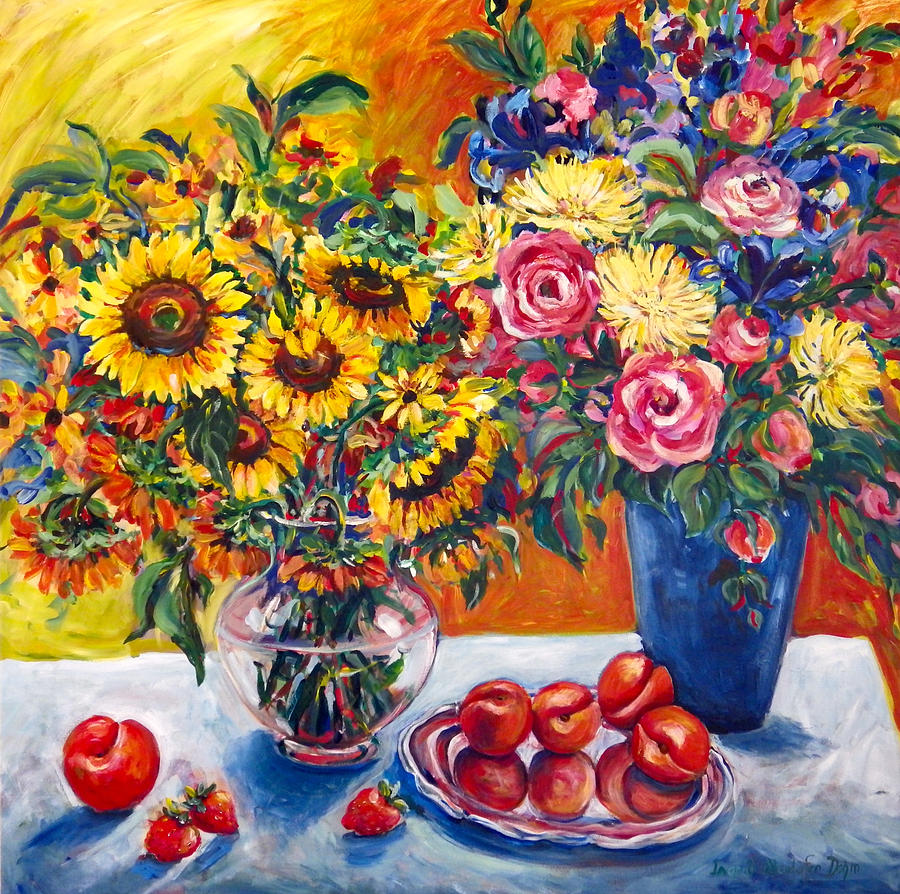 Sunflowers and Plums Painting by Ingrid Dohm