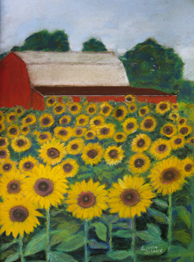 Flower Painting - Sunflowers and Red Barn by Linda Scharck