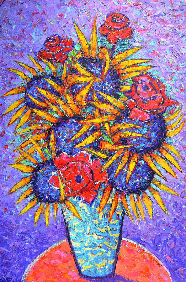 Rose Painting - SUNFLOWERS AND RED ROSES modern impressionist impasto palette knife oil painting Ana Maria Edulescu  by Ana Maria Edulescu