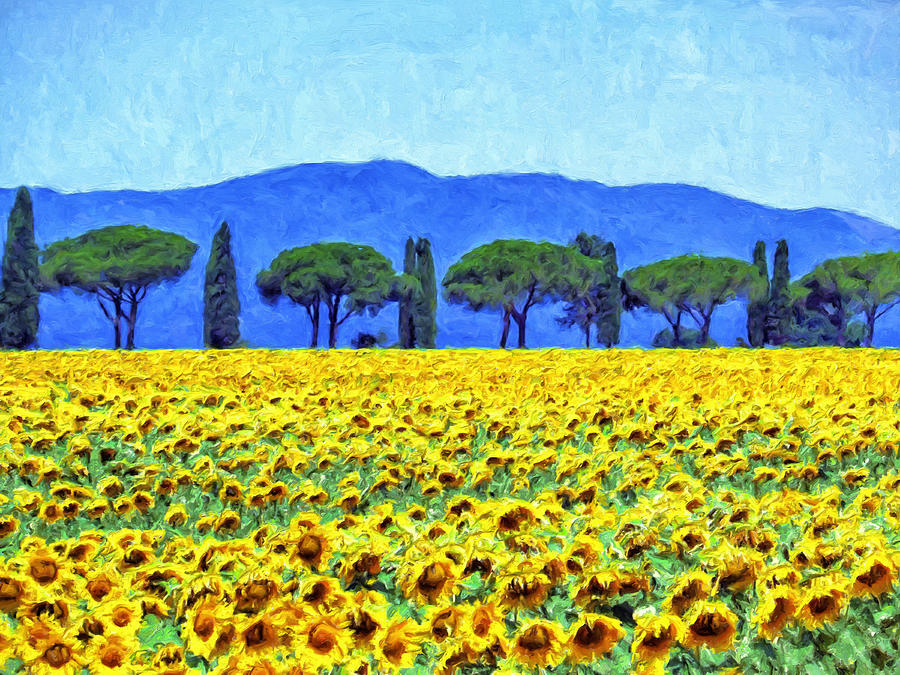 Sunflowers and Tuscany Cedars Painting by Dominic Piperata