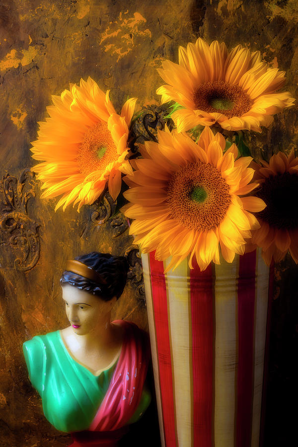 Sunflowers And Vintage Bust Photograph by Garry Gay