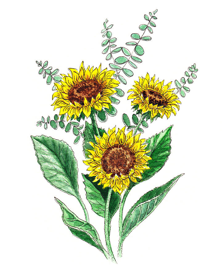 Sunflowers Botanical Bouquet Painting by Irina Sztukowski