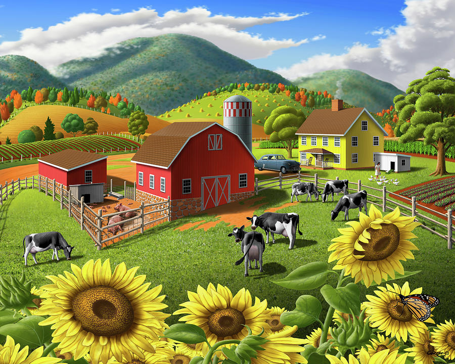 Sunflowers Cows Appalachian Farm Landscape - Rural Americana - Farm