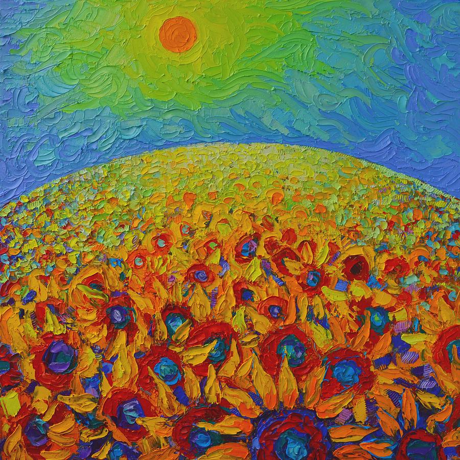 Sunflowers Field Contemporary Impressionist Landscape Ana Maria Edulescu Palette Knife Oil Painting  Painting by Ana Maria Edulescu