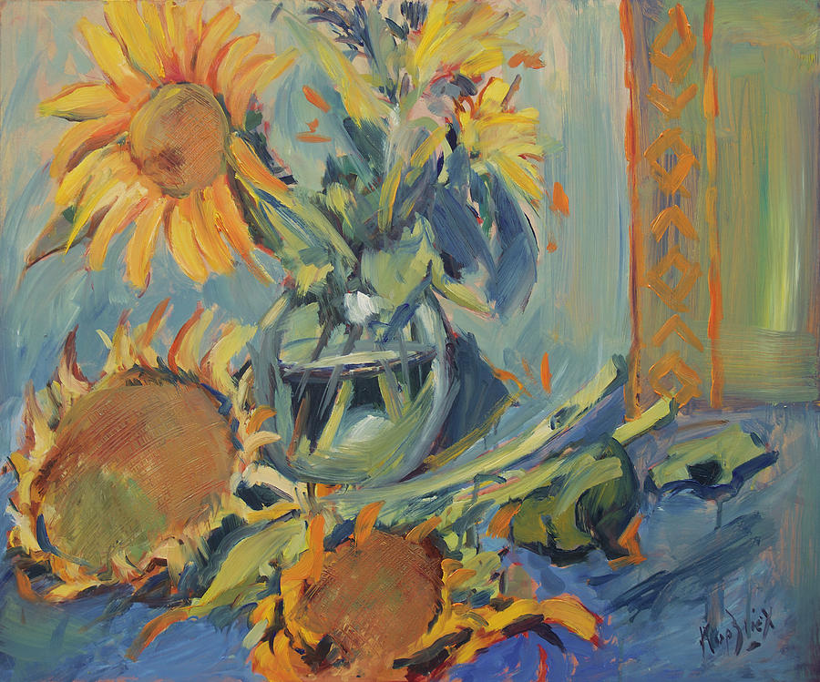 Sunflowers fresh and dried with vase Painting by Nop Briex