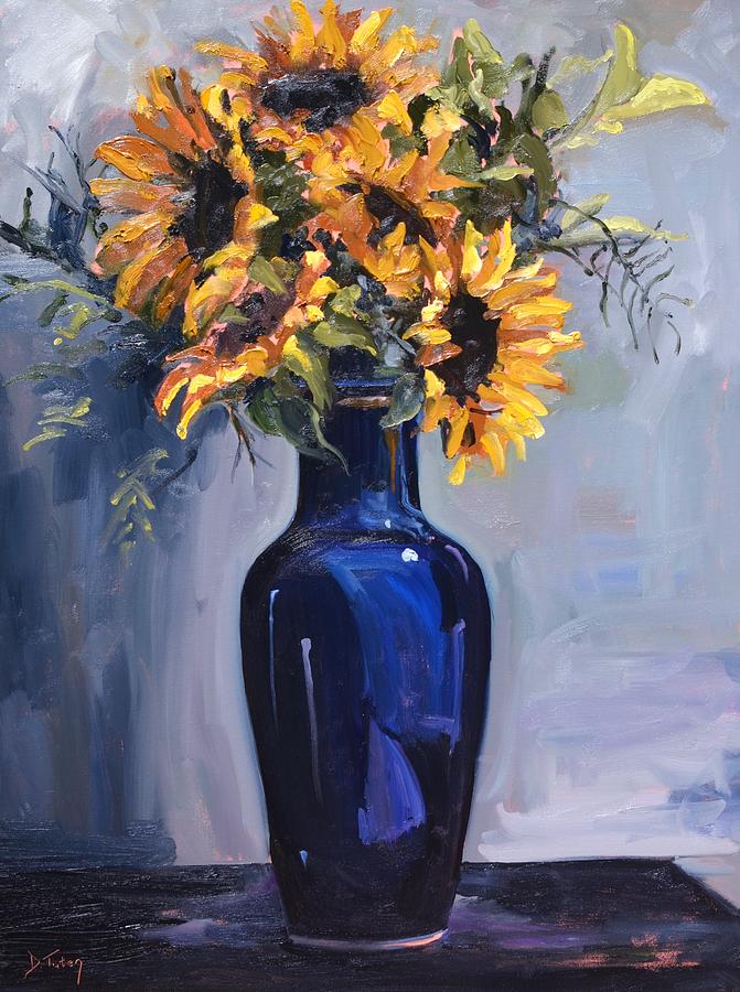 Sunflowers in a Blue Vase Painting by Donna Tuten