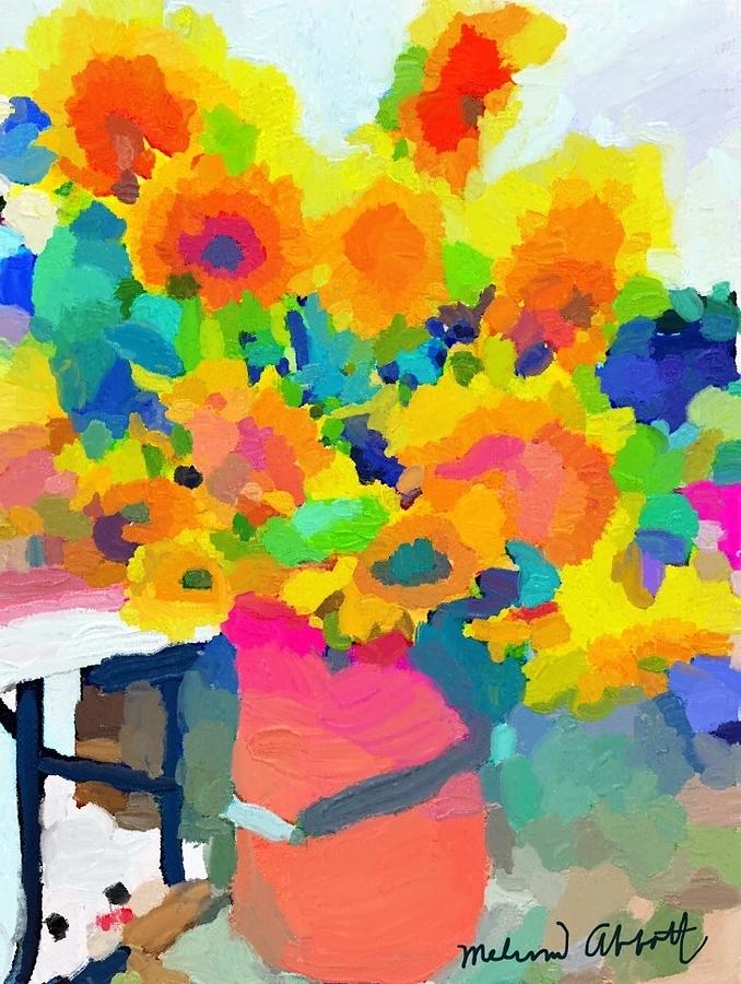 Still Life Painting - Sunflowers in a bucket at Rockport Farmers Market by Melissa Abbott
