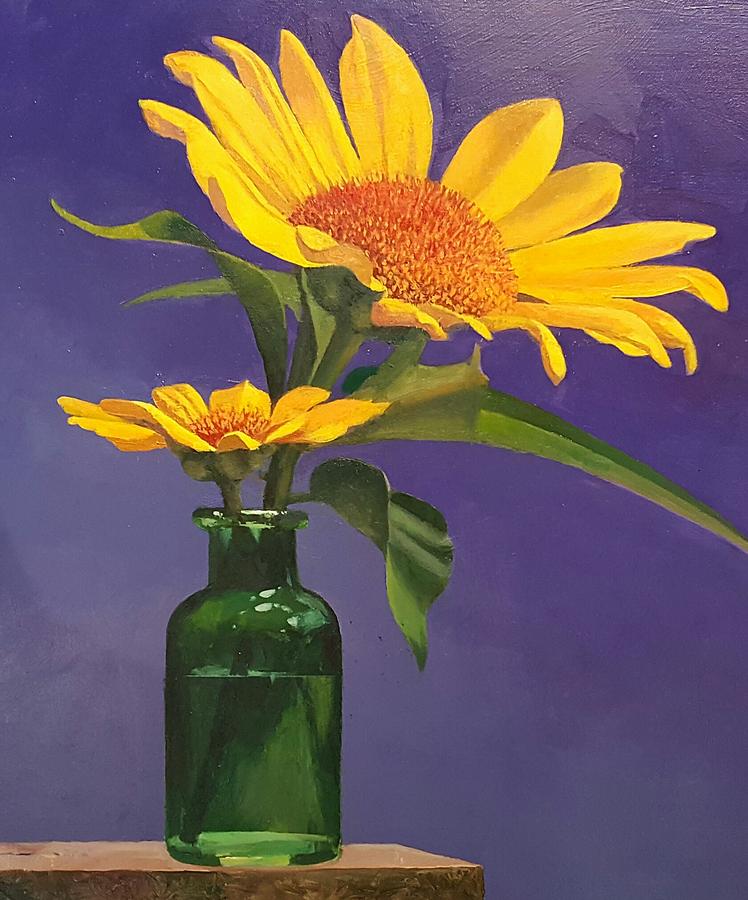 Sunflowers In A Green Bottle Painting by Jessica Anne Thomas