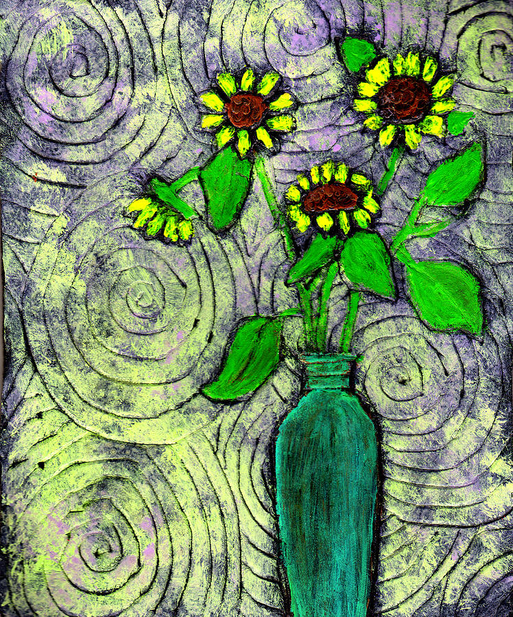Sunflowers in a Green Vase Painting by Wayne Potrafka