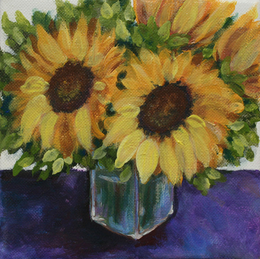 Sunflower Painting - Sunflowers in a Square Vase by Donna Tucker
