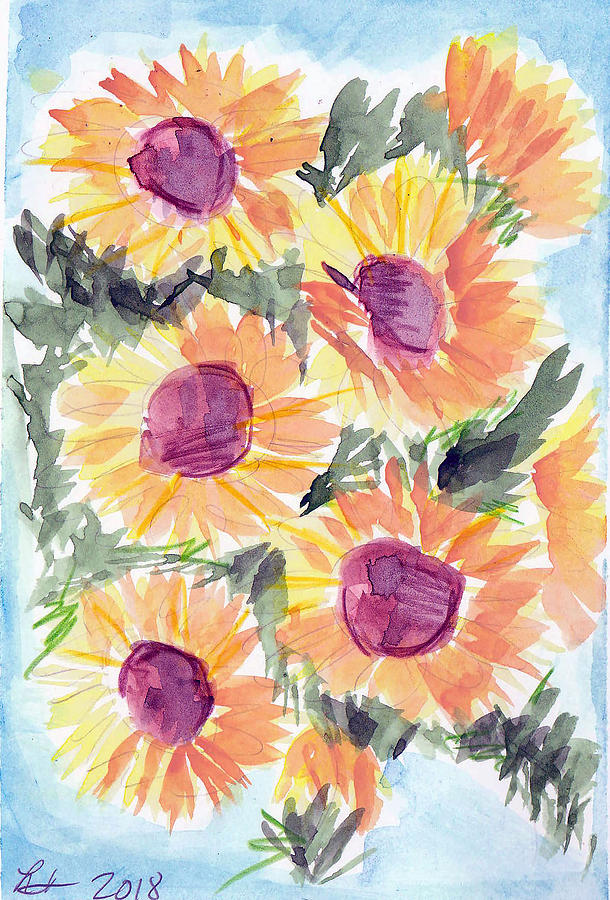 Sunflowers in blue Painting by Loretta Nash