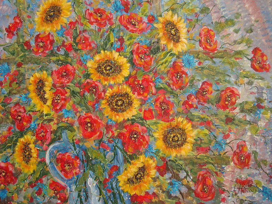 Sunflowers In Blue Pitcher. Painting by Leonard Holland