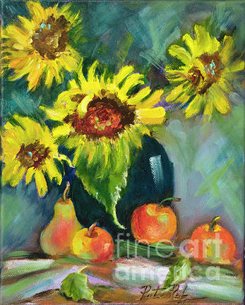 Sunflowers in Blue Pot Painting by Pati Pelz