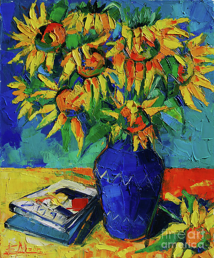 Sunflowers In Blue Vase Painting by Mona Edulesco