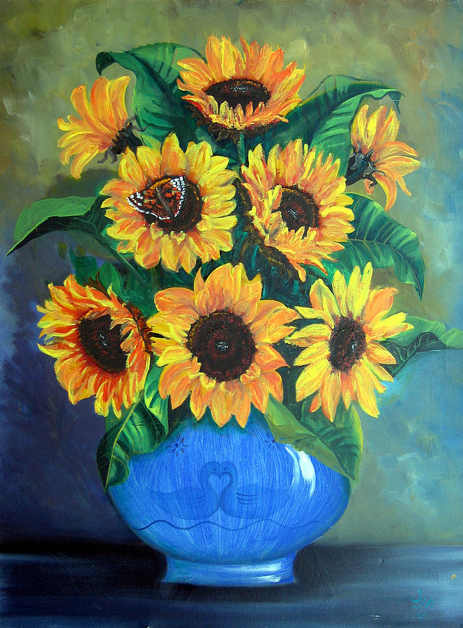 Sunflowers in Blue Vase Painting by Sarah Hornsby