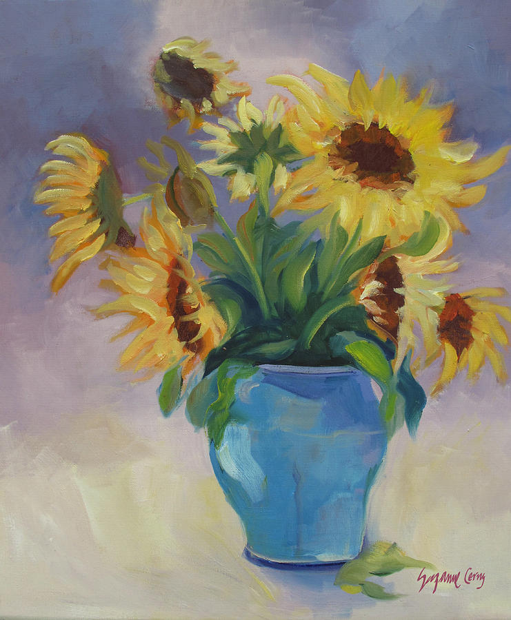 Sunflowers in Blue Vase Painting by Suzanne Giuriati Cerny