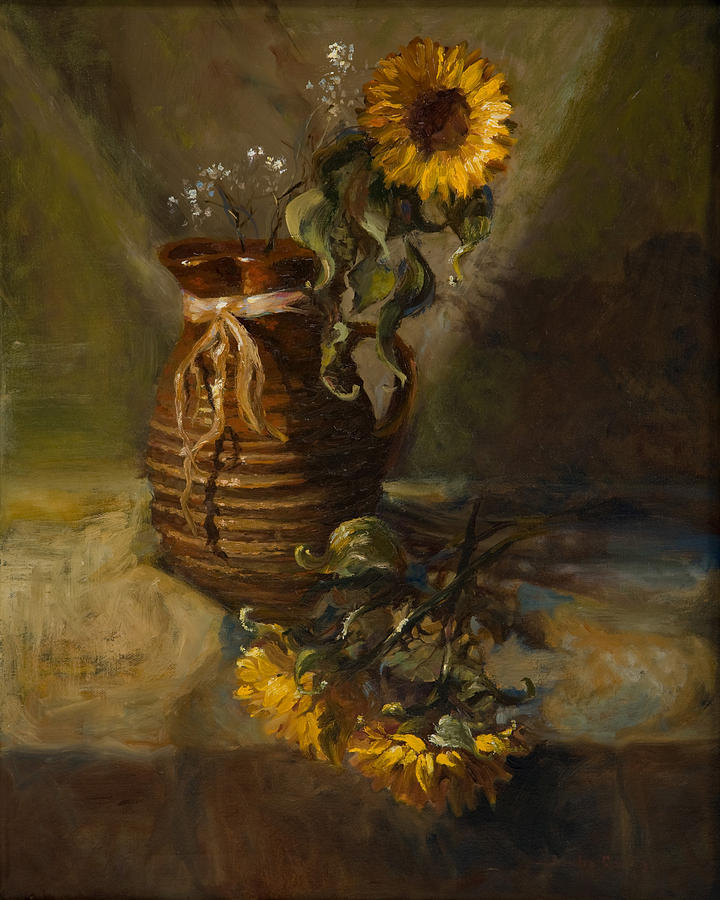 Flowers Still Life Painting - Sunflowers in Clay Pitcher by Sandra Quintus