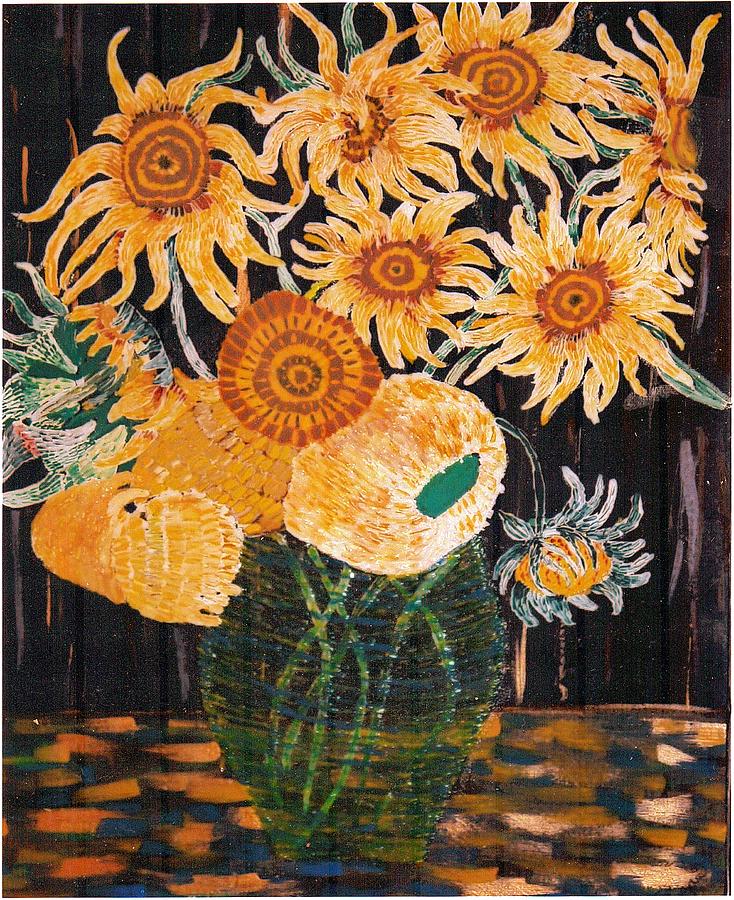 Flower Painting - Sunflowers in Clear Vase by Brenda Adams