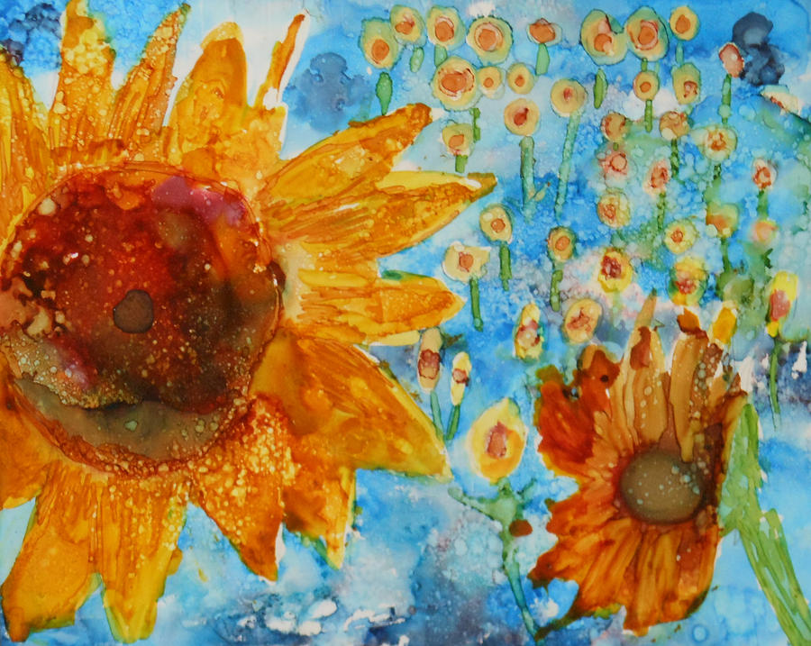 Flower Painting - Sunflowers in Fields by Pam Halliburton