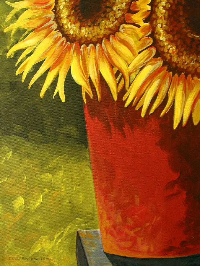 Sunflowers In Red Bucket Painting by Debbie Criswell