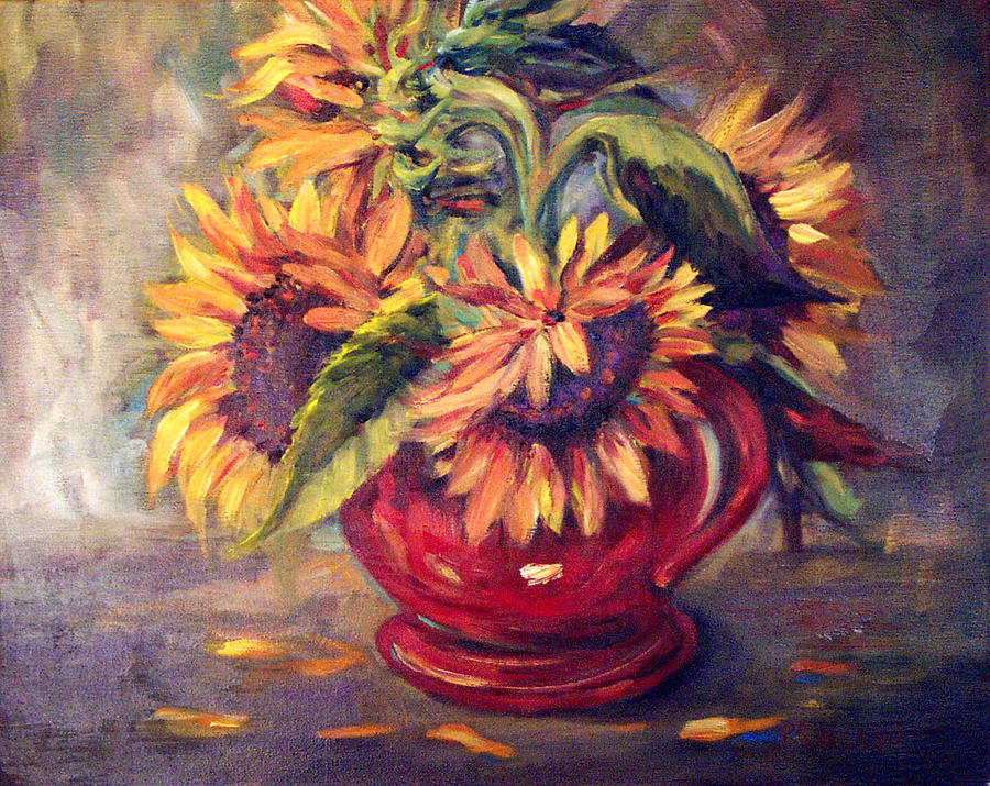 Sunflowers in Red Vase Painting by Peggy Wilson