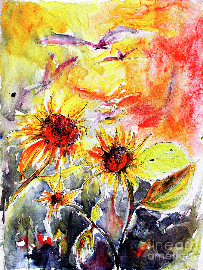 Sunflowers in Summer Garden Modern Watercolor and Ink Painting by Ginette Callaway