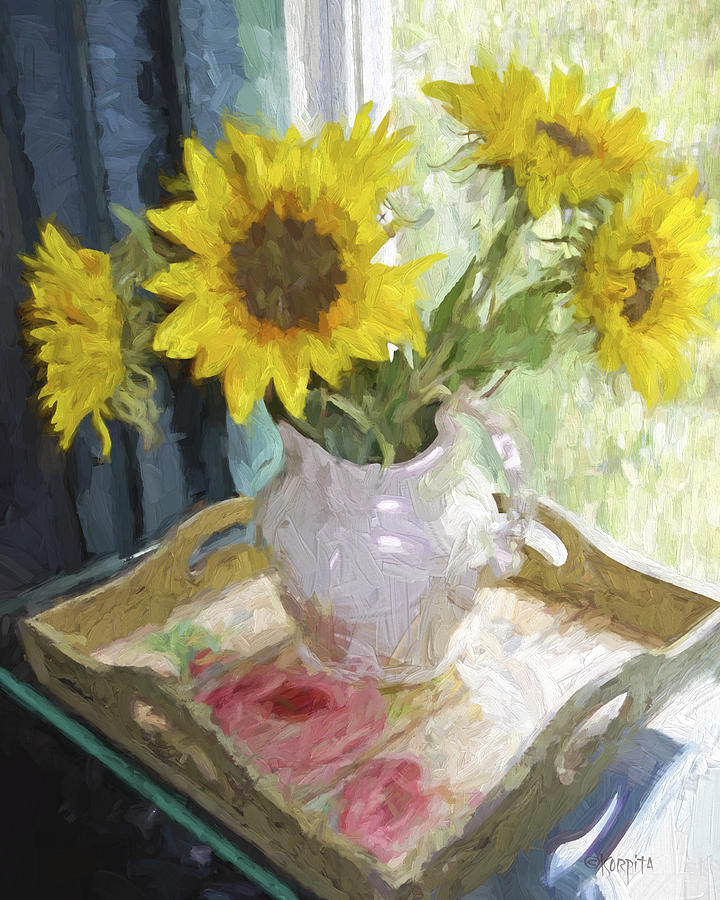 Sunflowers in the Window - Floral - Flowers in Vase Photograph by Rebecca Korpita