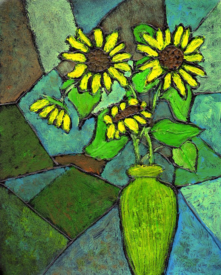 Sunflowers in vase Green Painting by Wayne Potrafka