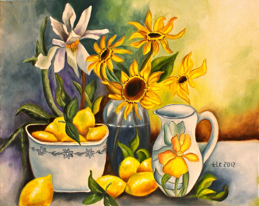Sunflowers, Iris and Lemons Painting by Theresa Cangelosi