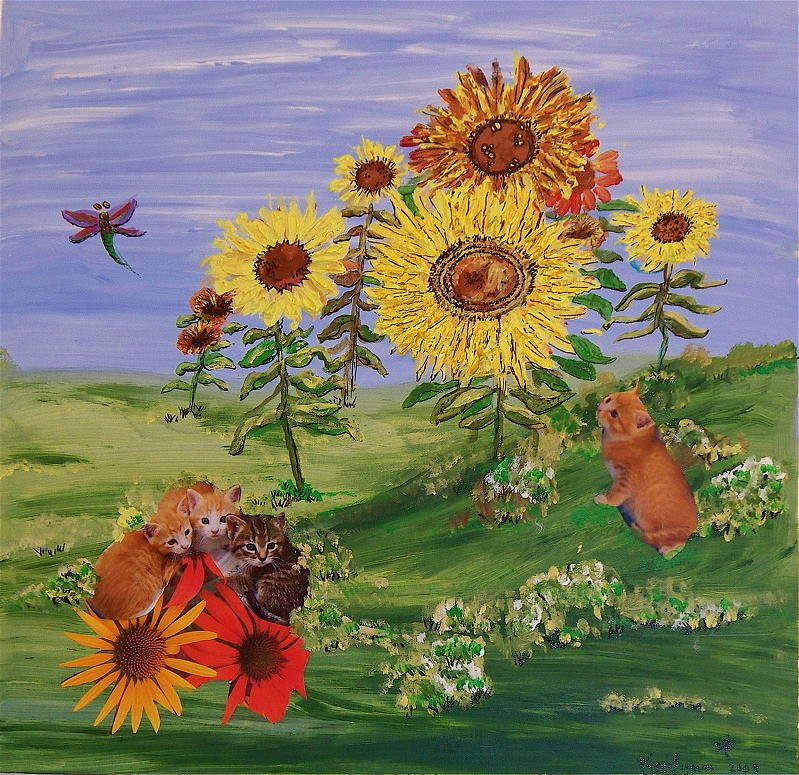 Sunflowers, Kittens and Dragonflies Painting by Kenlynn Schroeder