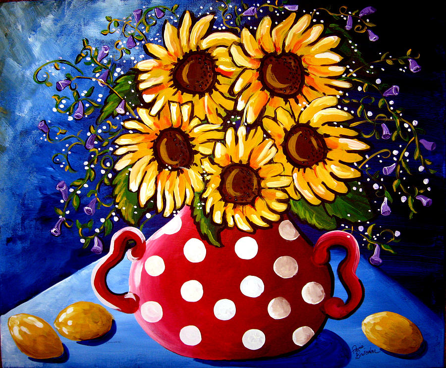 Sunflowers, Lemons, Red Polka Dots Painting by Renie Britenbucher ...