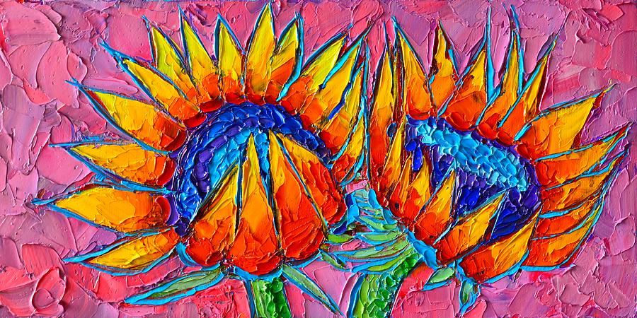 Sunflower Painting - Sunflowers Love - Modern Colorful Floral Original Palette Knife Oil Painting By Ana Maria Edulescu by Ana Maria Edulescu