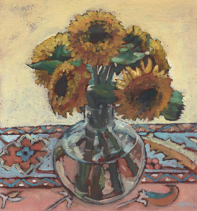 Flower Painting - Sunflowers on a Persian by Peggy Olsen