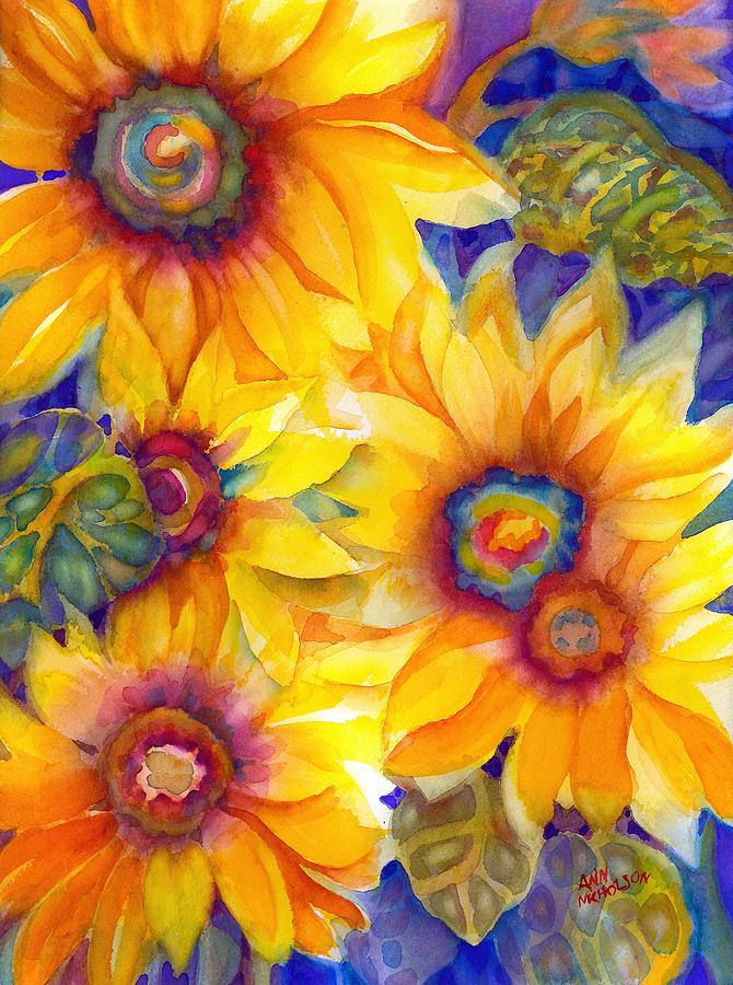 Sunflowers on Blue II Painting by Ann Nicholson